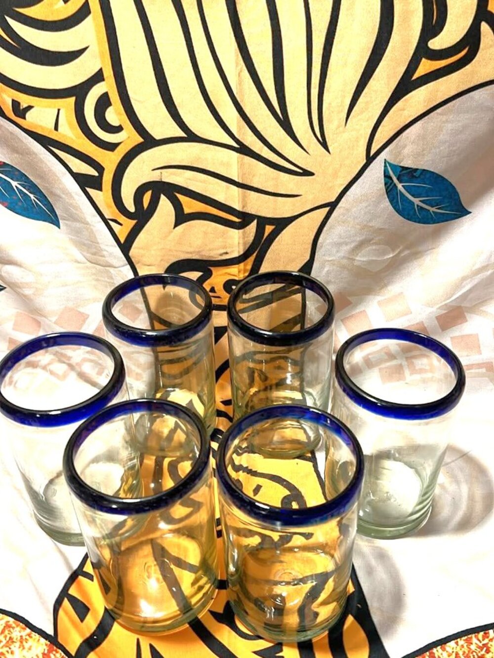 Cobale Blue Rim Clear Glass Tumblers with Blue Rim - Set of 6  • 14 oz